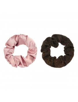 Σετ των 2 scrunchies μονόχρωμο μεταξωτό & με γκλίτερ - Ροζ