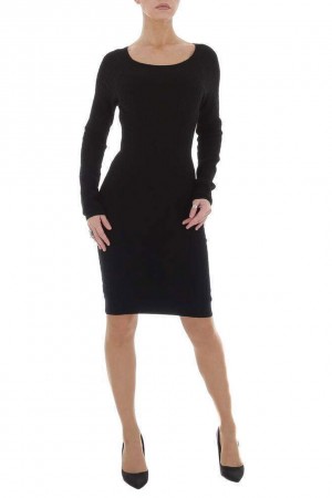 Εφαρμοστό πλεκτό φόρεμα με ζώνη - Μαύρο        