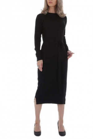 Μίντι πλεκτό φόρεμα με ζώνη - Μαύρο