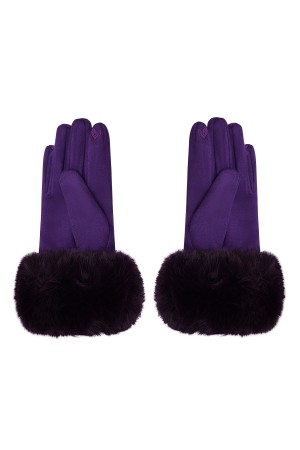 Γάντια με όψη σουέτ με γούνα - Μωβ