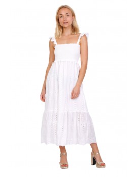 Βαμβακερό φόρεμα broderie με σφηκοφωλιά - Λευκό