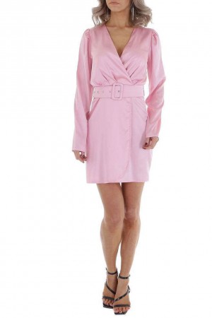 Σατινέ κρουαζέ φόρεμα με ζώνη - Ροζ