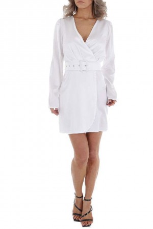 Σατινέ κρουαζέ φόρεμα με ζώνη - Λευκό