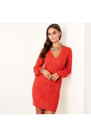 Μακρύ πουλόβερ - φόρεμα με V - Πορτοκαλί