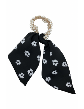 Scrunchie από πέρλες με κοντή ουρά flower print- Μαύρο
