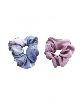 Σετ των 2 scrunchies μονόχρωμο ροζ & μπλε φλοράλ